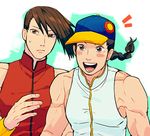  2boys bad_id bad_pixiv_id bare_shoulders baseball_cap black_hair blush braid brothers brown_hair chinese_clothes hat long_hair male_focus multiple_boys muscle open_mouth siblings street_fighter sweatdrop t_k_g yang_lee yun_lee 