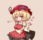  1girl aki_minoriko apron arinu black_skirt blonde_hair blush breasts brown_background collarbone fruit_hat_ornament grape_hat_ornament hair_between_eyes hat hat_ornament heart large_breasts long_sleeves mob_cap red_apron red_eyes red_headwear shirt short_hair simple_background skirt solo touhou wide_sleeves yellow_shirt 