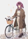  1girl artist_name belt bicycle bicycle_basket black_cat black_ribbon brown_belt brown_coat brown_footwear cat closed_mouth coat collared_shirt eyewear_on_head grey_pants hand_in_pocket highres honkai:_star_rail honkai_(series) in_basket kafka_(honkai:_star_rail) lapels long_sleeves medium_hair neck_ribbon open_clothes open_coat pants pavement pink_eyes ponytail purple_hair ribbon shirt shoes sidelocks simple_background smile solo soufflebune sparkle standing sunglasses walking white_background white_shirt 