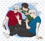  3boys :p \m/ \n/ akagi:_yami_ni_oritatta_tensai akagi_shigeru black_pants blue_shirt brown_hair closed_mouth commentary expressionless freckles fukumoto_mahjong full_body green_shirt grey_hair grey_socks hair_slicked_back hirayama_yukio korean_text male_focus medium_bangs mixed-language_text multiple_boys no_shoes nozaki_osamu open_mouth pants polka_dot polka_dot_background red_shirt selfie shirt short_hair smile socks ssom_omo sunglasses tongue tongue_out translation_request 