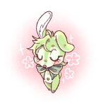 alternate_species ambiguous_gender anthro blush chibi eyelashes flower fur furrification gone_birdy green_body green_fur lagomorph leporid mammal neck_bow nu:_carnival olivine_(nu:_carnival) one_ear_up paws plant rabbit rabbit_ears solo toony