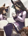  2girls ? absurdres agnes_tachyon_(umamusume) ahoge black_hair blue_flower blue_rose blush bow brown_hair character_doll coffee_mug commentary_request couch cup earrings flower hair_between_eyes highres holding holding_cup horse_girl jewelry long_hair manhattan_cafe_(umamusume) mug multicolored_hair multiple_girls notice_lines on_couch open_mouth pleated_skirt purple_headwear purple_serafuku purple_shirt purple_skirt purple_thighhighs rice_shower_(umamusume) rose sailor_collar school_uniform serafuku shirt short_hair siena_(moratoriummaga) single_earring sitting skirt smile streaked_hair table thighhighs tilted_headwear tracen_school_uniform umamusume white_bow white_hair winter_uniform yellow_eyes 