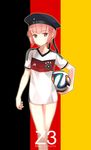  2014_fifa_world_cup adidas alternate_costume ball bangs bare_legs blush brazuca brown_eyes brown_hair character_name clothes_writing flag_background flat_chest german_flag germany hat highres kantai_collection looking_at_viewer red_eyes red_hair sailor_hat short_hair soccer soccer_ball soccer_uniform solo sportswear touyama_eight world_cup z3_max_schultz_(kantai_collection) 
