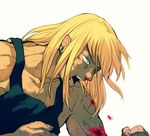  bad_id bad_pixiv_id beige_background blonde_hair blood character_request clenched_hand clenched_hands close-up constricted_pupils copyright_request earrings from_side jewelry long_hair male_focus muscle nosebleed open_mouth pectorals profile shaded_face simple_background solo t_k_g tank_top white_background 