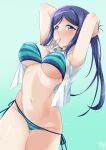  1girl adjusting_hair arms_up bikini blue_bikini blue_hair breasts bunji commentary_request hair_tie_in_mouth hand_in_own_hair highres large_breasts long_hair looking_at_viewer love_live! love_live!_sunshine!! matsuura_kanan mouth_hold navel purple_eyes solo stomach string_bikini swimsuit 