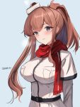  1girl belt blue_eyes breast_pocket breasts brown_hair chinese_commentary commentary_request dawn_1945 dress grey_background hair_between_eyes highres impossible_clothes kantai_collection large_breasts neckerchief pocket red_neckerchief red_scarf saratoga_(kancolle) scarf side_ponytail sidelocks simple_background smile smokestack solo twitter_username upper_body white_dress 