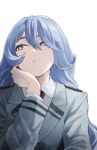  1girl absurdres blazer blue_eyes blue_hair boku_no_hero_academia collared_shirt fengling_(furin-jp) grey_jacket hadou_nejire hand_on_own_chin head_rest highres jacket long_hair necktie red_necktie school_uniform shirt solo u.a._school_uniform white_background white_shirt 