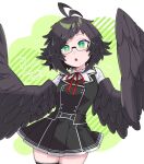  1girl 48okku antenna_hair black-framed_eyewear black_feathers black_hair black_skirt black_thighhighs black_wings blush commentary english_commentary feathered_wings feathers glasses green_background green_eyes harpy looking_at_viewer medium_hair monster_girl open_mouth original pleated_skirt semi-rimless_eyewear skirt solo thighhighs two-tone_background white_background winged_arms wings 