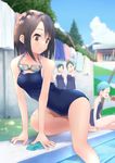  arm_support barefoot brown_eyes brown_hair competition_school_swimsuit day goggles goggles_around_neck highres multiple_girls okiru one-piece_swimsuit original poolside school_swimsuit short_hair sitting sky solo_focus swim_cap swimsuit tree 