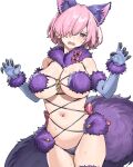  1girl absurdres animal_ears aochoku blush breasts elbow_gloves fate/grand_order fate_(series) fur-trimmed_gloves fur-trimmed_legwear fur_bikini fur_collar fur_trim gloves hair_over_one_eye halloween_costume highres lace-trimmed_legwear lace_trim large_breasts looking_at_viewer mash_kyrielight mash_kyrielight_(dangerous_beast) navel o-ring o-ring_top open_mouth pink_hair purple_eyes purple_gloves purple_tail revealing_clothes shiny_skin short_hair simple_background solo standing sweat tail thighhighs white_background wolf_ears wolf_tail 