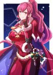  1girl absurdres alternate_breast_size anna_(fire_emblem) bag bell blue_cape blush breasts brown_gloves candy candy_cane cape capelet cleavage coin commentary cosplay finger_to_cheek fire_emblem fire_emblem:_three_houses fire_emblem_engage fire_emblem_heroes food fur-trimmed_capelet fur_trim gloves high_ponytail highres large_breasts long_sleeves looking_at_viewer pink_eyes pink_hair red_cape sidelocks smile solo star_(sky) star_(symbol) starry_background to_(tototo_tk) two-tone_cape yunaka_(fire_emblem) yunaka_(fire_emblem)_(cosplay) yunaka_(fire_emblem)_(spirited_envoy) 