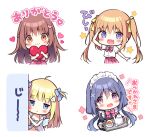  4girls :3 :d ahoge alternate_costume arm_up babydoll black_dress blonde_hair blue_bow blush bow brown_hair chibi closed_mouth collared_dress collared_shirt commentary_request cup dress dress_shirt enmaided fang hair_bow hair_ornament hands_up haruka-chan_(pan_(mimi)) heart heart_hair_ornament holding holding_tray juliet_sleeves kokoa-chan_(pan_(mimi)) long_hair long_sleeves low_twintails maid maid_headdress mini_person minigirl multiple_girls orange_eyes original pan_(mimi) peeking_out pink_bow pink_skirt pleated_skirt puffy_sleeves purple_eyes purple_hair salute saucer shirt simple_background skirt smile star_(symbol) teacup teapot ten-chan_(pan_(mimi)) translation_request tray twintails two_side_up uta-chan_(pan_(mimi)) very_long_hair white_background white_shirt x_hair_ornament yellow_bow 