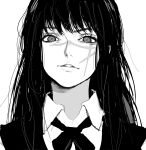  1girl black_hair black_ribbon chainsaw_man collared_shirt cross_scar fourth_east_high_school_uniform greyscale inoitoh long_hair looking_at_viewer monochrome neck_ribbon ribbon ringed_eyes scar scar_on_cheek scar_on_face scar_on_nose school_uniform shirt simple_background solo white_background white_shirt yoru_(chainsaw_man) 