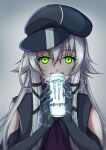  1girl altina_orion ascot cabbie_hat can eiyuu_densetsu elbow_gloves electricity energy_drink gloves green_eyes grey_background grey_gloves grey_headwear hair_between_eyes hat highres holding holding_can konohannunopencil looking_at_viewer monster_energy purple_ascot sen_no_kiseki sen_no_kiseki_iii simple_background solo upper_body white_hair 