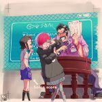  1boy 2girls arrow_(symbol) black_hair blue_hair blush braid brown_hair collared_shirt desk facial_hair glasses hairy highres hood hoodie how_long juliana_(pokemon) mature_male multicolored_hair multiple_girls muscular muscular_male mustache necktie pantyhose penny_(pokemon) pokemon pokemon_sv purple_necktie purple_shorts red_hair round_eyewear saguaro_(pokemon) school_uniform see-through see-through_skirt shirt short_hair shorts side_braid skirt test_score_(paper) thick_arms thick_eyebrows two-tone_hair uva_academy_school_uniform whip 