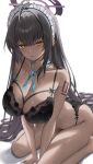  1girl absurdres ahoge ass bare_arms bare_legs bare_shoulders black_bra black_hair black_panties blue_archive blue_ribbon bra breasts cleavage commentary dark_skin hair_intakes highres karin_(blue_archive) large_breasts long_hair looking_at_viewer maid_headdress neck_ribbon panties ribbon simple_background sitting solo thighs underwear underwear_only very_long_hair vitaminechan wariza white_background yellow_eyes 