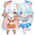  2girls animal_ears animal_hands arona_(blue_archive) bear_ears bear_tail bell black_eyes blue_archive blue_eyes blue_hair blue_halo blue_skirt blush braid brown_gloves brown_shorts brown_socks cat_ears cat_tail choker claws colored_inner_hair full_body gloves grey_hair hair_over_one_eye halo jingle_bell kneehighs long_hair looking_at_viewer multicolored_hair multiple_girls navel open_mouth paw_gloves petako_(ptpt_k) pink_hair plana_(blue_archive) red_halo short_hair shorts simple_background single_braid skirt smile socks tail white_background white_choker white_gloves white_socks 