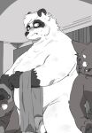 2023 anthro balls belly blush bodily_fluids canid canine canis detailed_background domestic_dog flaccid genitals group hi_res humanoid_hands inside kemono male mammal mikanyeye moobs nipples overweight overweight_male penis raccoon_dog sweat tanuki towel