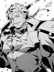  1boy bara beard commentary_request cross_scar facial_hair falling_petals fangs green_eyes greyscale highres holding holding_sword holding_weapon katana kresnik_(housamo) looking_at_viewer male_focus monochrome nizitaro over_shoulder petals ponytail scar scar_on_face scar_on_forehead smile spot_color sword sword_over_shoulder tokyo_afterschool_summoners weapon weapon_over_shoulder white_background 