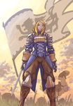  absurdres agrias_oaks armor blonde_hair blue_eyes boots breastplate chocobo final_fantasy final_fantasy_tactics flag frown gauntlets highres knee_boots ocean_(moguyobi) shoulder_pads sky solo sword weapon 