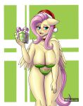 anthro biped blush breasts christmas christmas_clothing christmas_headwear clothed clothing equid equine eyelashes feathers female fluttershy_(mlp) friendship_is_magic hair hasbro hat headgear headwear hi_res holding_breast holidays mammal my_little_pony pegasus pink_hair pupils santa_hat solo thick_thighs wings zachc