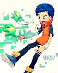 &gt;_&lt; bad_id bad_pixiv_id blue_hair closed_eyes copyright_name digimon digimon_tamers horn li_jianliang looking_at_another open_mouth popped_collar t_k_g terriermon wristband 