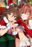  2girls alternate_costume animal_ears aqua_eyes bare_shoulders blurry blurry_foreground blush bow box breasts brown_hair christmas_tree commentary_request dress ear_bow elbow_gloves fur-trimmed_dress fur-trimmed_gloves fur_trim gift gift_box gloves grin hair_between_eyes hair_ornament hairclip hat heart heart_hands heart_hands_duo horse_ears horse_girl looking_at_viewer maruzensky_(umamusume) medium_breasts misu_kasumi mr._c.b._(umamusume) multiple_girls one_eye_closed red_bow red_dress red_gloves red_headwear santa_hat selfie sitting smile umamusume 