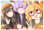  3girls ahoge animal_ears black_hair black_jacket blonde_hair blue_archive blurry blurry_foreground blush breasts bright_pupils brown_coat brown_headwear brown_sweater closed_mouth coat cup dated day disposable_cup dog_ears dog_girl dog_tail glasses grey_shirt halo hand_up hariyaa hat hibiki_(blue_archive) highres holding holding_cup jacket kotori_(blue_archive) leaf long_hair looking_at_viewer multiple_girls open_clothes open_coat open_jacket open_mouth outdoors purple_hair red_eyes selfie semi-rimless_eyewear shirt shirt_tucked_in short_hair skirt small_breasts smile sweater tail upper_body utaha_(blue_archive) w white_pupils 