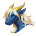 1:1 2023 anthro blonde_hair blue_body blue_eyes bust_portrait dated dragon female glistening glistening_eyes hair horn looking_at_viewer lostgoose mouth_closed portrait signature simple_background solo white_background yellow_horn