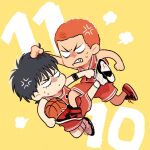  2boys anger_vein angry ball basketball_(object) basketball_jersey basketball_uniform black_eyes black_hair buzz_cut chibi clothes_grab fighting full_body funuu grabbing_another&#039;s_hair holding holding_ball kicking male_focus multiple_boys no_pupils puff_of_air red_footwear red_hair red_shorts red_tank_top rukawa_kaede sakuragi_hanamichi shoes short_hair shorts simple_background slam_dunk_(series) sneakers sportswear sweatdrop tank_top very_short_hair white_footwear yellow_background 