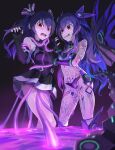  2girls absurdres adapted_costume bare_shoulders black_gloves black_hair black_sister black_sister_(chaos_form) blush commission corruption dress ear_piercing elbow_gloves gloves hair_between_eyes hair_ribbon highres long_hair looking_at_viewer mouth_piercing multiple_girls nepnep_connect:_chaos_chanpuru neptune_(series) nose_piercing nose_ring omeletricetaro3 piercing pixiv_commission pubic_tattoo red_eyes ribbon solo tail tattoo tentacles two_side_up uni_(neptunia) very_long_hair wings 