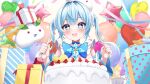  1girl balloon birthday blue_bow blue_eyes blue_hair blush bow box cake confetti cup elegant_(sumisumi4268) fang food fork fruit gift gift_box h.live heart_balloon highres holding holding_fork holding_knife knife long_hair luna_neige official_art open_mouth skin_fang sparkling_eyes star_balloon strawberry streamers teacup twintails virtual_youtuber white_headwear 