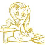  blush burger cherry cutie_mark equine female fluttershy_(mlp) foam food friendship_is_magic glass hair latecustomer looking_at_viewer looking_back mammal monochrome my_little_pony pegasus plain_background sitting solo straw table white_background wings yellow_theme 