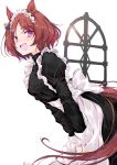  1girl :d alternate_costume animal_ears apron black_dress bob_cut brown_hair commentary_request dress enmaided flower_in_eye frilled_apron frills from_side horse_ears horse_girl juliet_sleeves long_sleeves looking_at_viewer looking_to_the_side maid maid_apron maid_headdress parted_bangs puffy_sleeves purple_eyes sakura_laurel_(umamusume) short_hair smile solo symbol_in_eye umamusume waist_apron white_apron yumesato_makura 