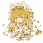  +_- 1girl animal_ears ankle_socks asymmetrical_legwear blonde_hair blush_stickers bow bowtie bucket buttons candy cat_ears chibi commentary floral_print food green_bow green_eyes green_footwear green_thighhighs hair_bow halloween halloween_bucket hat hat_bell hat_bow heterochromia holding holding_bucket jack-o&#039;-lantern_print long_hair looking_at_viewer lowres memuro miniskirt mismatched_legwear mismatched_pupils multicolored_thighhighs open_clothes open_robe orange_bow orange_bowtie orange_robe orange_thighhighs original parted_lips pink_socks pleated_skirt pom_pom_(clothes) robe shirt shoes simple_background single_sock single_thighhigh skirt skirt_set socks solo sparkle striped striped_bow striped_bowtie striped_thighhighs symbol-only_commentary thighhighs twitter_username very_long_hair white_background white_headwear white_shirt white_skirt white_thighhighs yellow_eyes zettai_ryouiki 