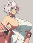  1girl ahoge bare_shoulders black_gloves blue_eyes blush bracelet breasts collar dress elphelt_valentine fingerless_gloves gloves guilty_gear guilty_gear_strive hairband huge_ahoge huge_breasts jacket jewelry lixiart long_sleeves looking_at_viewer pink_hairband pink_jacket short_hair smile spiked_bracelet spiked_collar spiked_hairband spikes white_dress white_hair 