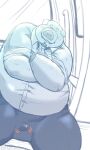 2023 anthro belly big_belly blush bulge clothing dain_4201 domestic_pig eyes_closed hi_res kemono male mammal overweight overweight_male shirt sitting solo suid suina sus_(pig) topwear