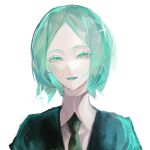  1other androgynous aqua_eyes aqua_hair black_necktie collared_shirt colored_eyelashes colored_skin crystal_hair gem_uniform_(houseki_no_kuni) glowing glowing_hair highres houseki_no_kuni looking_at_viewer necktie open_mouth other_focus phosphophyllite poiuyt shirt simple_background smile sparkle white_background white_skin 