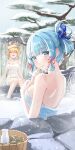  1girl :d ^_^ bare_arms bare_back bare_shoulders blonde_hair blue_eyes blue_hair blunt_bangs breasts bucket closed_eyes commentary folded_ponytail genshin_impact haruri highres kamisato_ayaka looking_at_viewer medium_breasts naked_towel onsen open_mouth outdoors short_hair sitting smile snow solo towel upper_body water wooden_bucket yoimiya_(genshin_impact) 