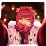  1girl black_necktie blurry blurry_background blush braid braided_ponytail chainsaw_man closed_mouth commentary depth_of_field english_commentary fur_trim gloves highres jacket lianbiglian long_sleeves looking_at_viewer makima_(chainsaw_man) meme necktie pov pov_cheek_warming_(meme) red_gloves red_hair red_scarf ringed_eyes scarf sidelocks smile solo white_background yellow_eyes 