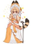  1girl animal_ears blonde_hair bow bowtie brown_eyes cane cat_ears cat_girl cat_tail dress extra_ears full_body gloves hair_ornament highres kemono_friends long_hair looking_at_viewer notora orange_dress ribbon serval_(kemono_friends) simple_background solo tail 