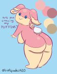 audino biofspades420 blue_eyes breasts butt digital_media_(artwork) english_text female feral generation_5_pokemon hi_res looking_at_viewer looking_back nintendo nipples nude pink_body pokemon pokemon_(species) presenting presenting_hindquarters side_boob simple_background slightly_chubby solo tail text thick_thighs