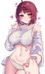  1girl 1other anger_vein atelier_(series) atelier_sophie bare_shoulders breasts closed_mouth commentary_request detached_sleeves heart highres holding_hands large_breasts long_sleeves navel panties puffy_long_sleeves puffy_sleeves purple_hair red_eyes ryuuno6 simple_background smile solo_focus sophie_neuenmuller turtleneck underwear white_background white_panties white_sleeves 