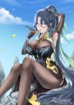  1girl absurdres arm_behind_head armpits artist_name blue_dress blue_hair blue_sky blurry blurry_background bodystocking breasts clothing_cutout cloud_retainer_(genshin_impact) dark_blue_hair dress falling_leaves genshin_impact green_hair hair_between_eyes highres large_breasts leaf long_hair looking_at_viewer multicolored_hair outdoors pelvic_curtain red-framed_eyewear rilianez rock semi-rimless_eyewear side_cutout sidelocks sitting sitting_on_rock sky sleeveless sleeveless_dress tassel two-tone_hair tying_hair very_long_hair xianyun_(genshin_impact) 