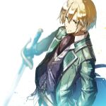  1boy ascot belt black_ascot blonde_hair blurry closed_mouth coat depth_of_field eiyuu_densetsu expressionless from_above green_coat green_eyes grey_vest holding holding_sword holding_weapon hwhh jusis_albarea long_sleeves looking_at_viewer male_focus sen_no_kiseki sen_no_kiseki_iii shirt simple_background solo sword upper_body vest weapon white_background white_shirt 