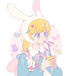  1girl angel_wings animal_ear_hood animal_ears arrow_through_heart backpack bag bandaid belt_buckle bendy_straw blonde_hair blue_cardigan blue_eyes blue_sleeves blunt_bangs bow bow_button bowtie bubble buckle buttons cardigan center_frills chinese_commentary circle collared_shirt commentary_request cup drinking drinking_straw eyelashes frills glasses halo heart holding holding_cup long_sleeves medium_hair multicolored_nails nail_polish orange_juice original pink_bag pink_bow pink_bowtie pink_pupils polka_dot puffy_long_sleeves puffy_sleeves rabbit_ears shirt simple_background solo sparkle stuffed_animal stuffed_rabbit stuffed_toy teardrop upper_body white_background white_hood white_shirt wings yeshisi 