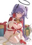  1girl absurdres bed_sheet bell blue_archive blush box breasts capelet gift gift_box gloves halo highres large_breasts long_hair mechanical_halo navel open_mouth purple_eyes purple_hair red_capelet red_gloves riok_hh santa_costume solo two_side_up yuuka_(blue_archive) 