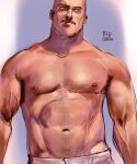  1boy aaron_gruber_(o_natsuo88) abs bara beard_stubble black_eyes facial_hair grey_hair highres large_pectorals looking_to_the_side male_focus mature_male muscular muscular_male mustache navel navel_hair o_natsuo88 old old_man original pectorals purple_background receding_hairline scar scar_on_cheek scar_on_face shirt short_hair solo sparse_chest_hair sparse_navel_hair strongman_waist thick_eyebrows thick_mustache topless_male upper_body veins wrinkled_skin 
