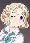  1girl blonde_hair blue_eyes blush closed_mouth collared_shirt commentary_request cum cum_on_hair facial hair_rings harukaze_unipo highres janus_(kancolle) kantai_collection looking_to_the_side one_eye_closed portrait shirt short_hair solo white_shirt 