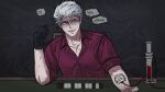  1boy akagi:_yami_ni_oritatta_tensai black_gloves blood brown_eyes chair collared_shirt fukumoto_mahjong gloom_(expression) gloves grey_hair hair_slicked_back highres hirayama_yukio intravenous_drip korean_text looking_afar mahjong mahjong_tile male_focus nervous_smile nervous_sweating open_mouth red_shirt shirt short_hair single_glove smile solo ssom_omo sweat table translation_request upper_body vial washizu_mahjong 